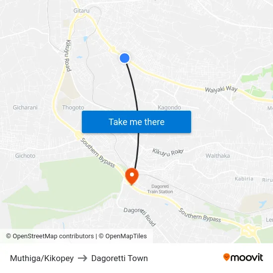 Muthiga/Kikopey to Dagoretti Town map