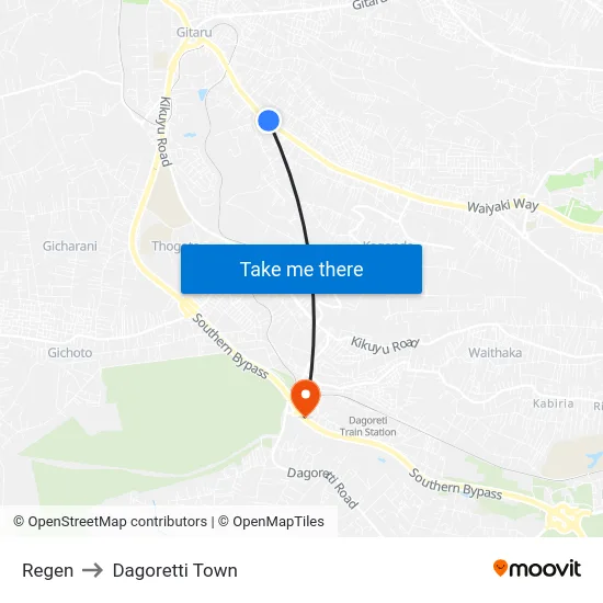 Regen to Dagoretti Town map