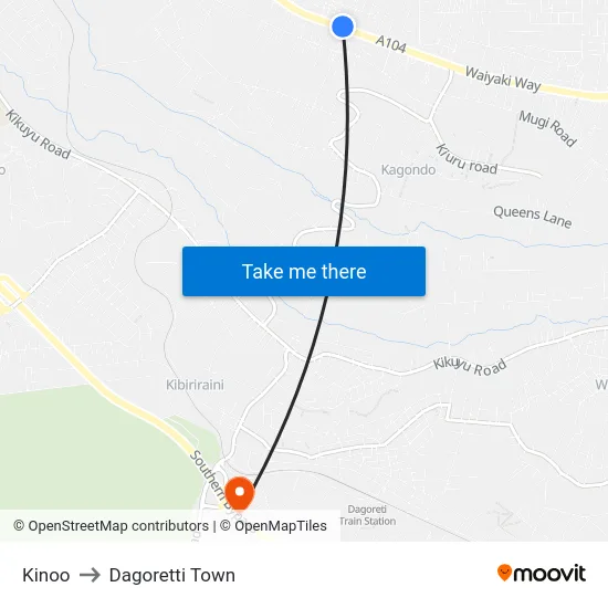 Kinoo to Dagoretti Town map