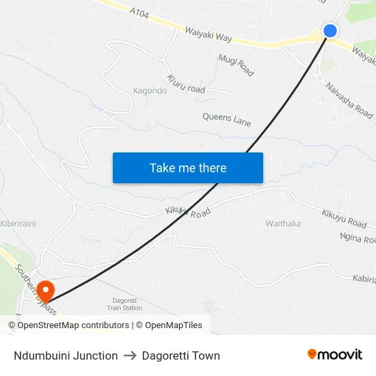 Ndumbuini Junction to Dagoretti Town map