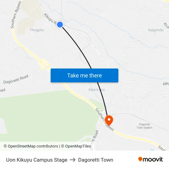 Uon Kikuyu Campus Stage to Dagoretti Town map