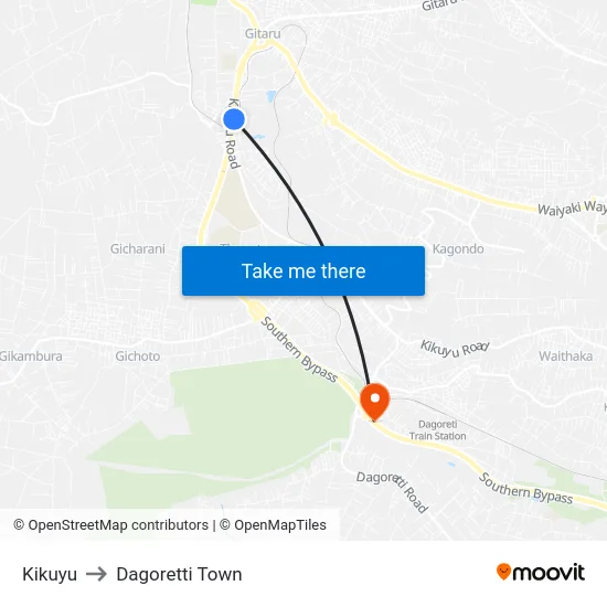 Kikuyu to Dagoretti Town map