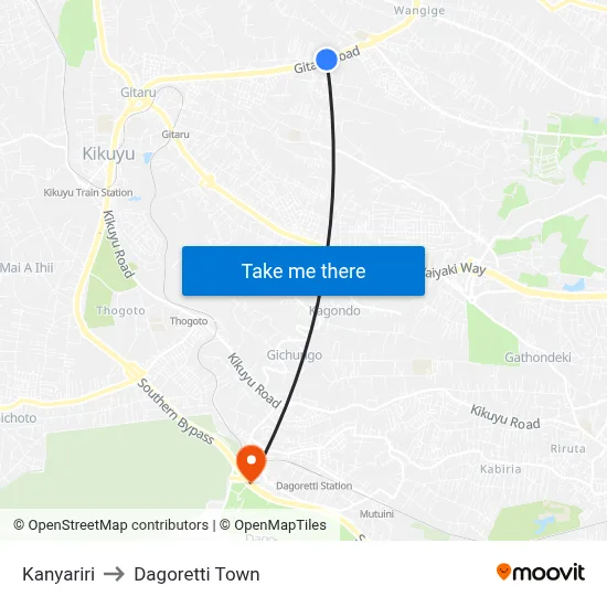 Kanyariri to Dagoretti Town map