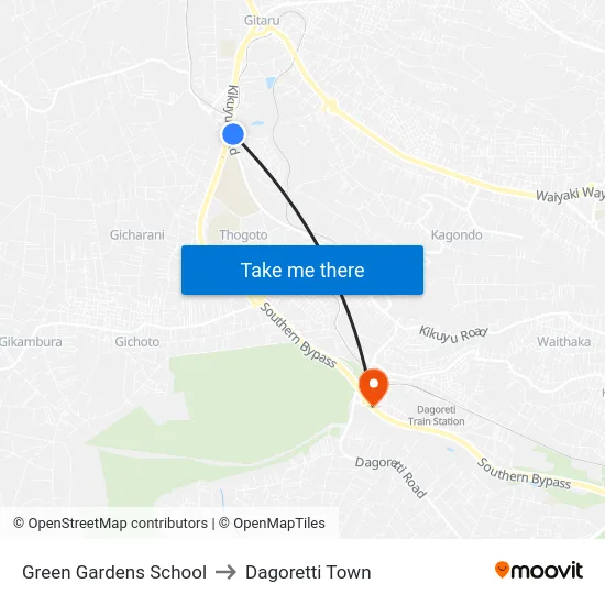 Green Gardens School to Dagoretti Town map