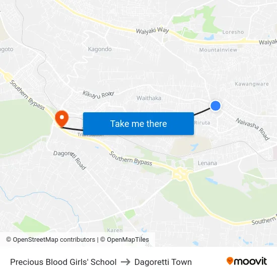 Precious Blood Girls' School to Dagoretti Town map