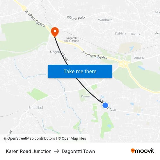 Karen Road Junction to Dagoretti Town map