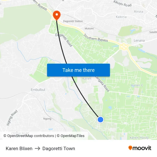 Karen Blixen to Dagoretti Town map