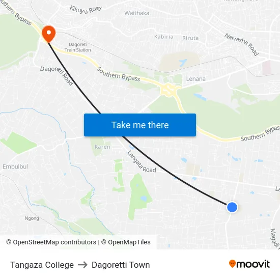Tangaza College to Dagoretti Town map