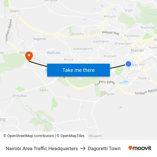 Nairobi Area Traffic Headquarters to Dagoretti Town map