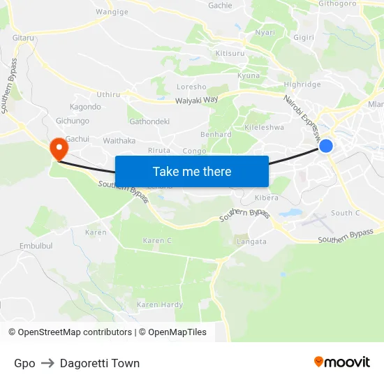 Gpo to Dagoretti Town map