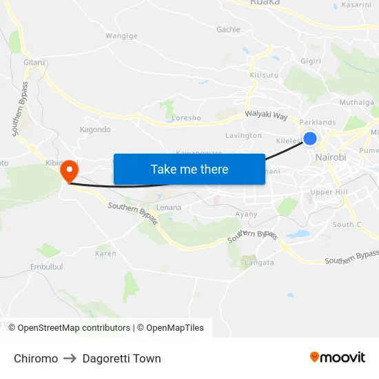 Chiromo to Dagoretti Town map