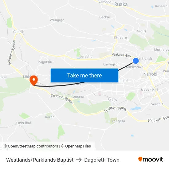 Westlands/Parklands Baptist to Dagoretti Town map