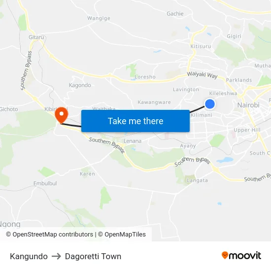 Kangundo to Dagoretti Town map