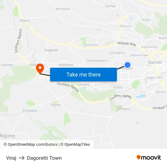 Viraj to Dagoretti Town map