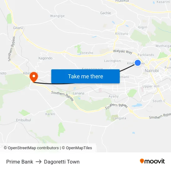 Prime Bank to Dagoretti Town map