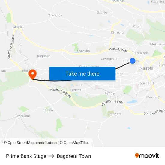 Prime Bank Stage to Dagoretti Town map