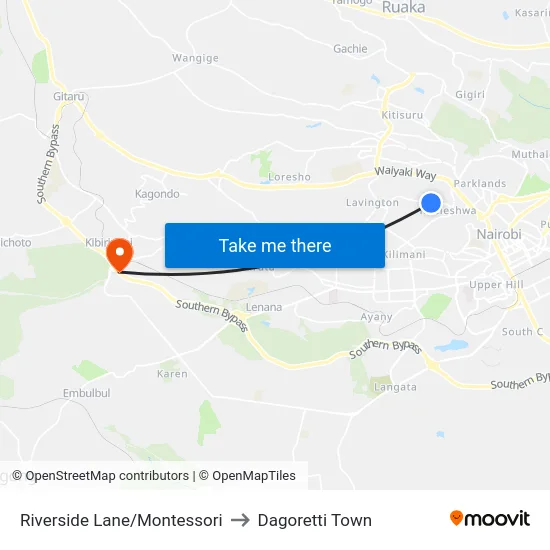 Riverside Lane/Montessori to Dagoretti Town map