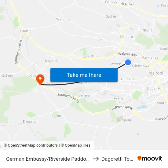 German Embassy/Riverside Paddocks to Dagoretti Town map