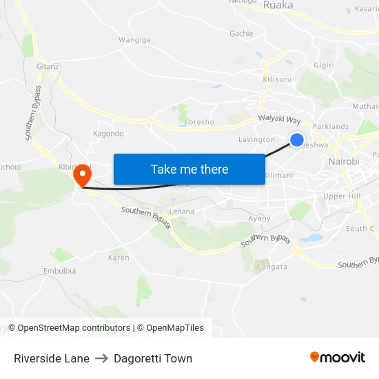 Riverside Lane to Dagoretti Town map