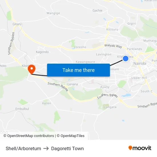 Shell/Arboretum to Dagoretti Town map