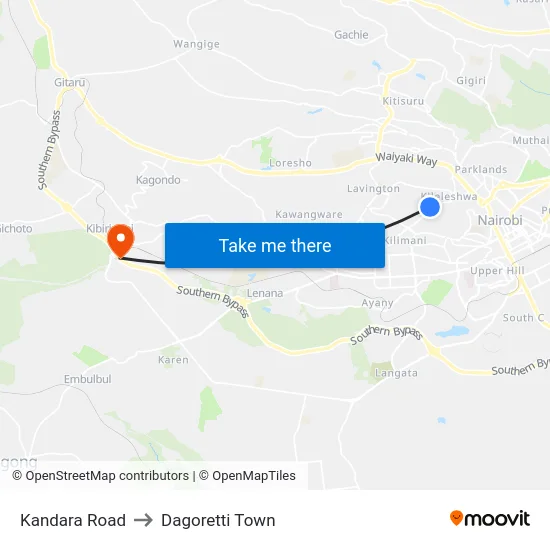 Kandara Road to Dagoretti Town map