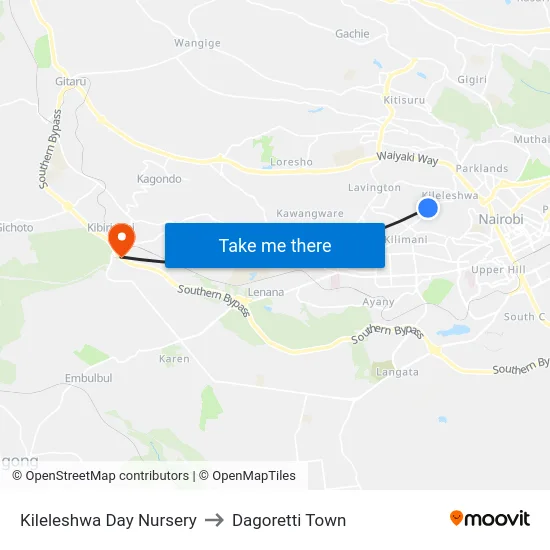 Kileleshwa Day Nursery to Dagoretti Town map