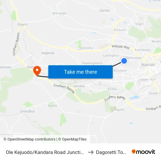 Ole Kejuodo/Kandara Road Junction to Dagoretti Town map