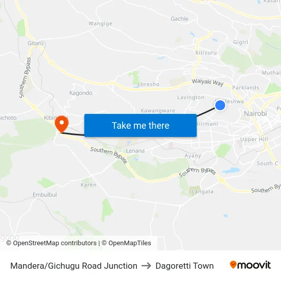 Mandera/Gichugu Road Junction to Dagoretti Town map