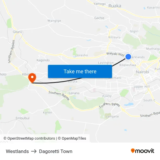 Westlands to Dagoretti Town map