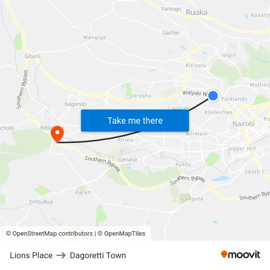Lions Place to Dagoretti Town map