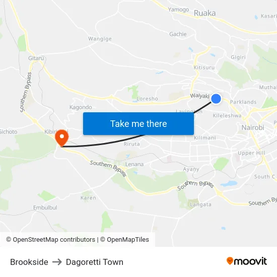 Brookside to Dagoretti Town map