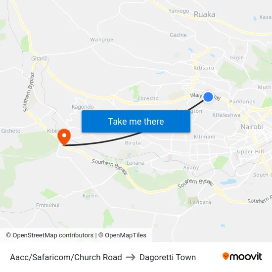 Aacc/Safaricom/Church Road to Dagoretti Town map