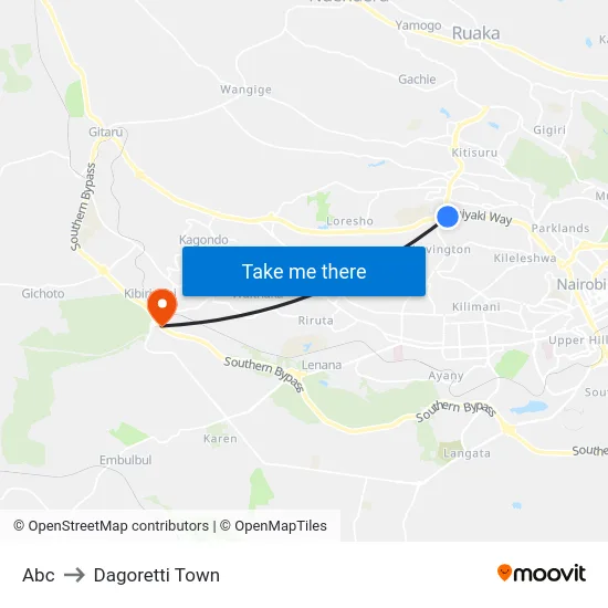 Abc to Dagoretti Town map