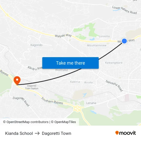 Kianda School to Dagoretti Town map