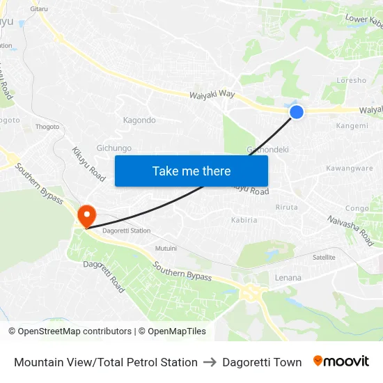 Mountain View/Total Petrol Station to Dagoretti Town map