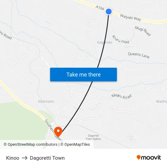 Kinoo to Dagoretti Town map