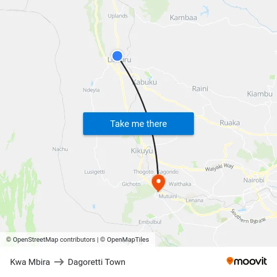 Kwa Mbira to Dagoretti Town map