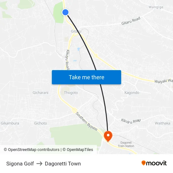 Sigona Golf to Dagoretti Town map