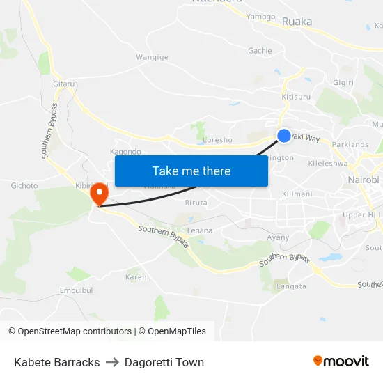 Kabete Barracks to Dagoretti Town map