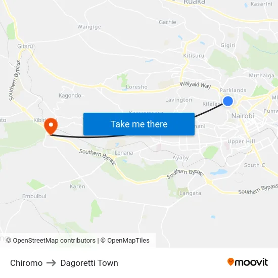 Chiromo to Dagoretti Town map
