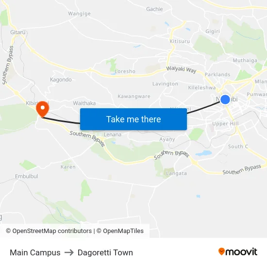 Main Campus to Dagoretti Town map