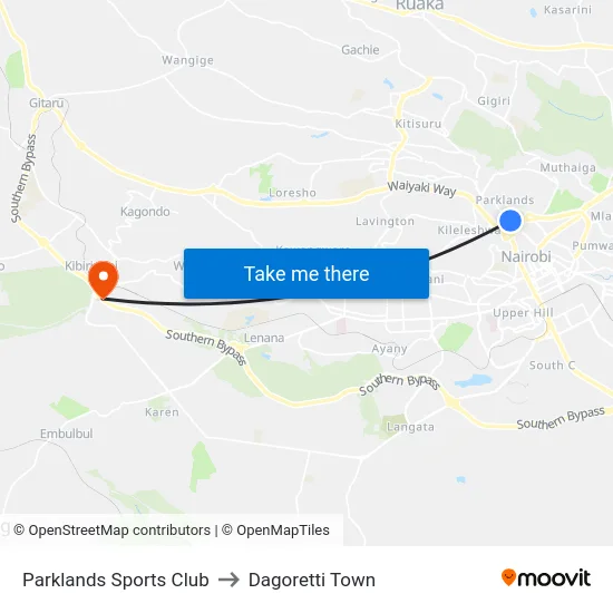 Parklands Sports Club to Dagoretti Town map