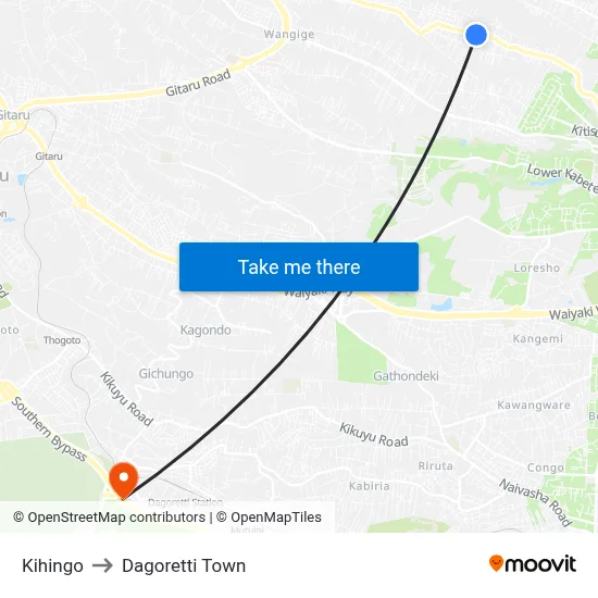 Kihingo to Dagoretti Town map