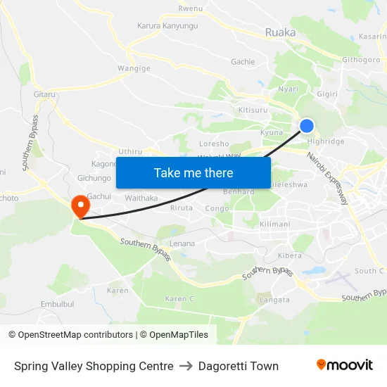 Spring Valley Shopping Centre to Dagoretti Town map