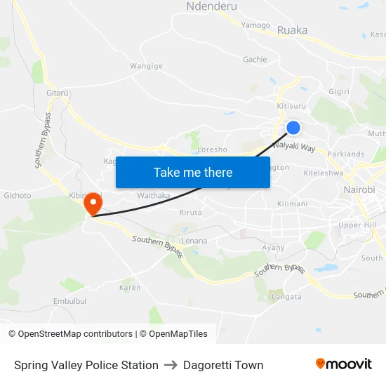 Spring Valley Police Station to Dagoretti Town map