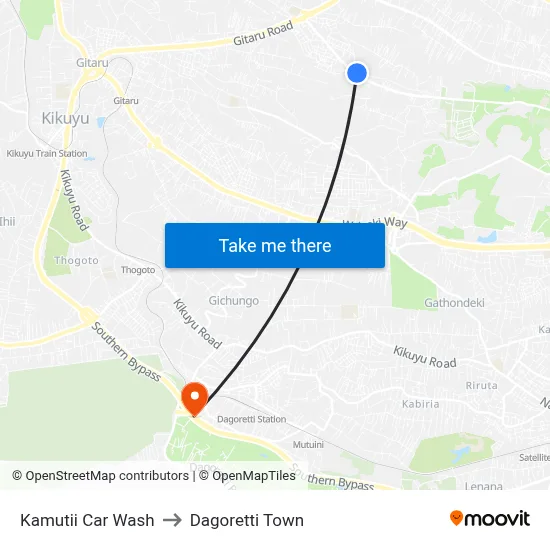 Kamutii Car Wash to Dagoretti Town map