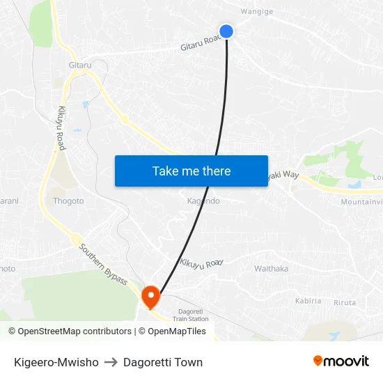 Kigeero-Mwisho to Dagoretti Town map