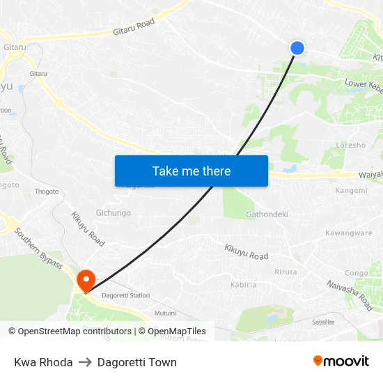 Kwa Rhoda to Dagoretti Town map