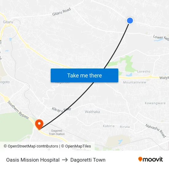 Oasis Mission Hospital to Dagoretti Town map