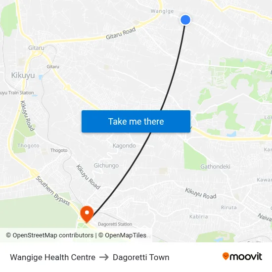 Wangige Health Centre to Dagoretti Town map